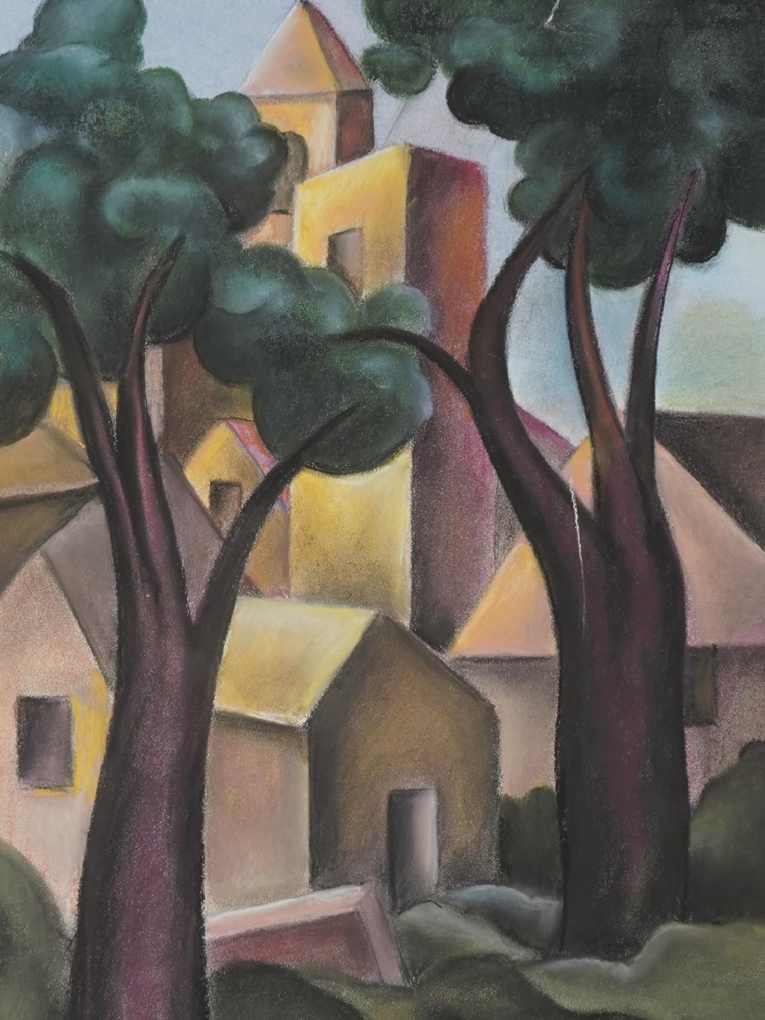 CUBIST PASTEL ON PAPER LANDSCAPE PAINTING SIGNED PIC-1